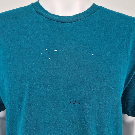 Distressed Vintage Late 1990s Hanes Blank Teal Single Stitch T-Shirt (XL)