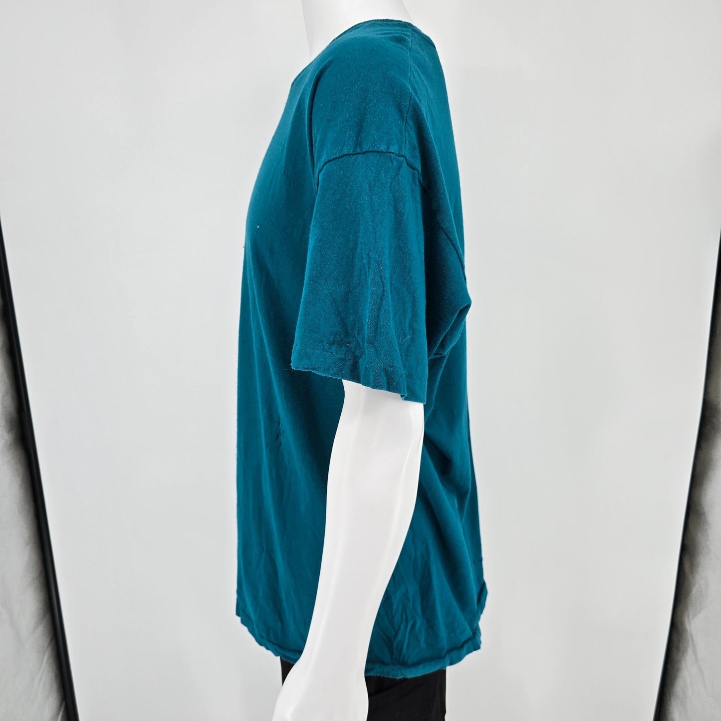 Distressed Vintage Late 1990s Hanes Blank Teal Single Stitch T-Shirt (XL)