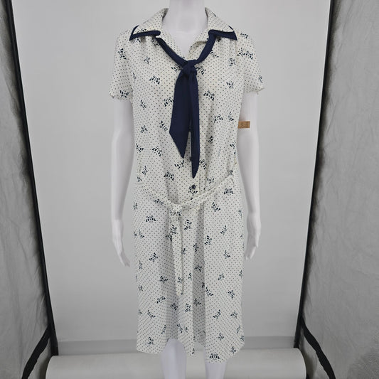 Vintage 1970s White/Navy Butterfly Print Sailor Tie Knee Length Shirtdress (L)