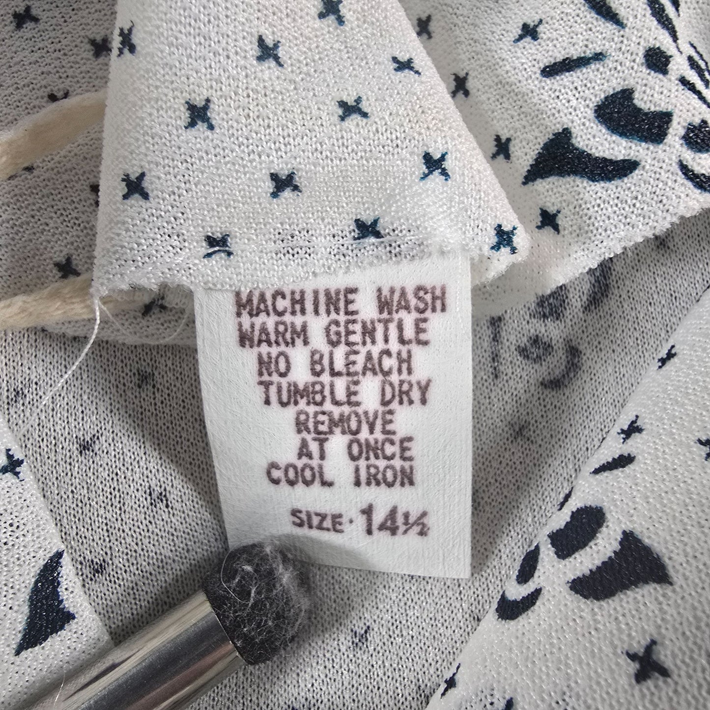 Vintage 1970s White/Navy Butterfly Print Sailor Tie Knee Length Shirtdress (L)