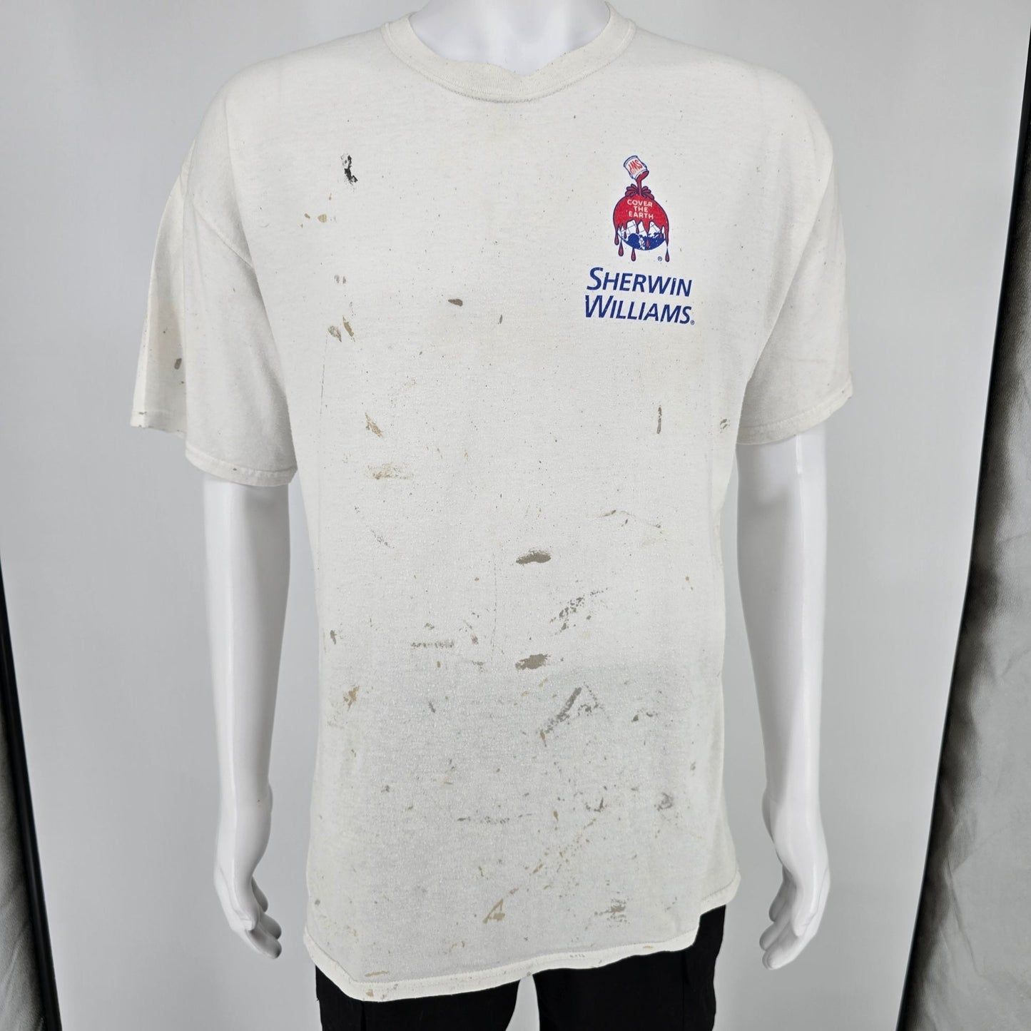 Distressed 2010s Sherwin Williams "Cover the Earth" Paint-Splatter T-Shirt (L/XL)