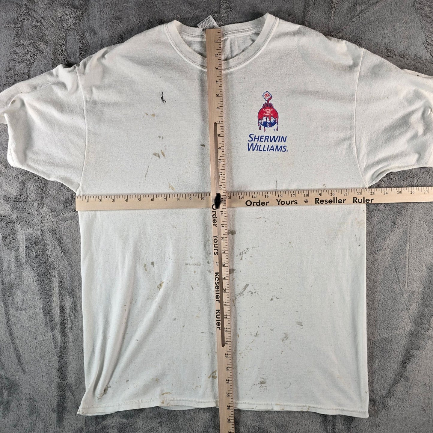 Distressed 2010s Sherwin Williams "Cover the Earth" Paint-Splatter T-Shirt (L/XL)