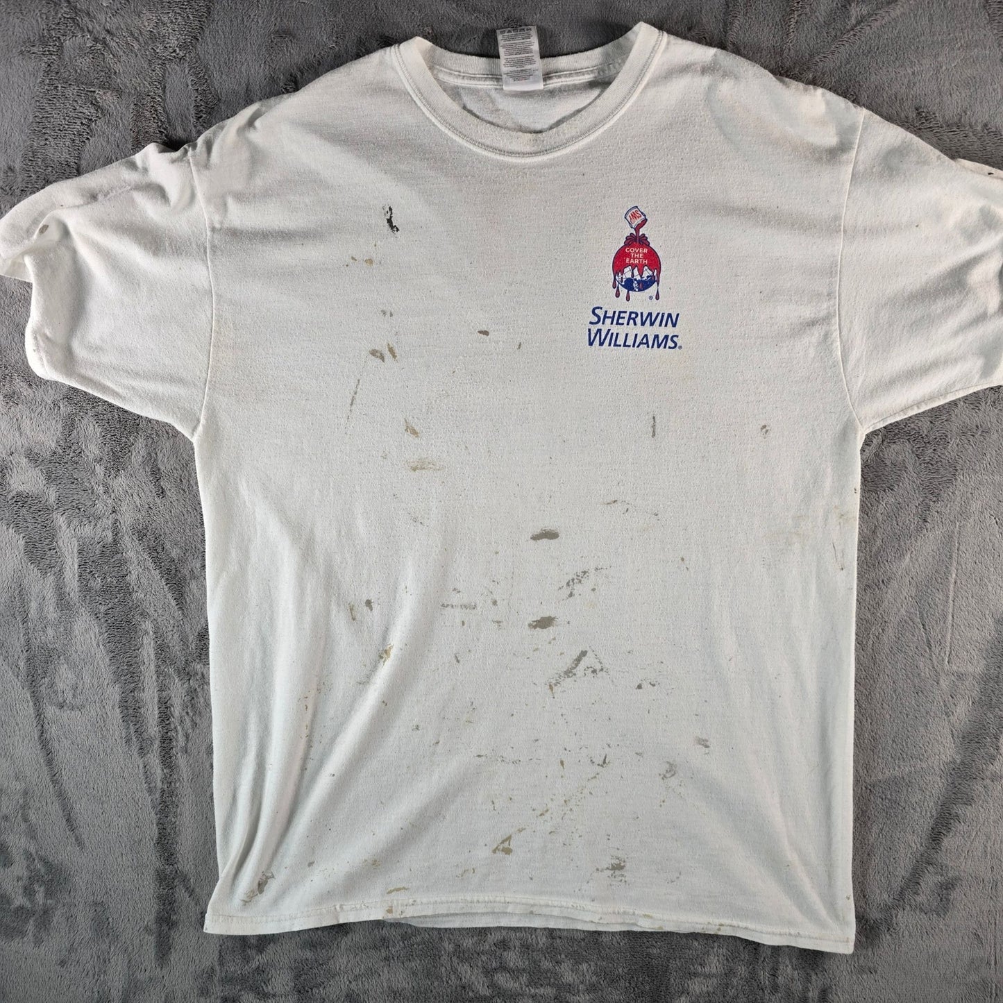 Distressed 2010s Sherwin Williams "Cover the Earth" Paint-Splatter T-Shirt (L/XL)
