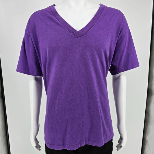 Vintage 1990s Stained Anvil Blank Purple V-Neck Single Stitch T-Shirt (XL)