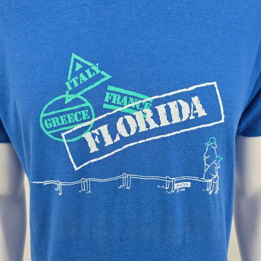 Vintage 1980s Screen Stars Guindon Cartoon Florida Passport Stamps T-Shirt (M/L)