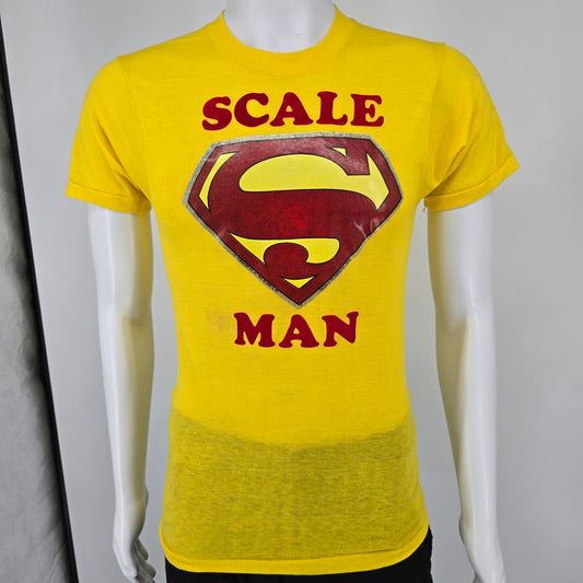 Vintage 1970s Yellow Superman Logo "Scale Man/Slick JR" Iron-On T-Shirt (XS)
