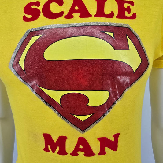 Vintage 1970s Yellow Superman Logo "Scale Man/Slick JR" Iron-On T-Shirt (XS)
