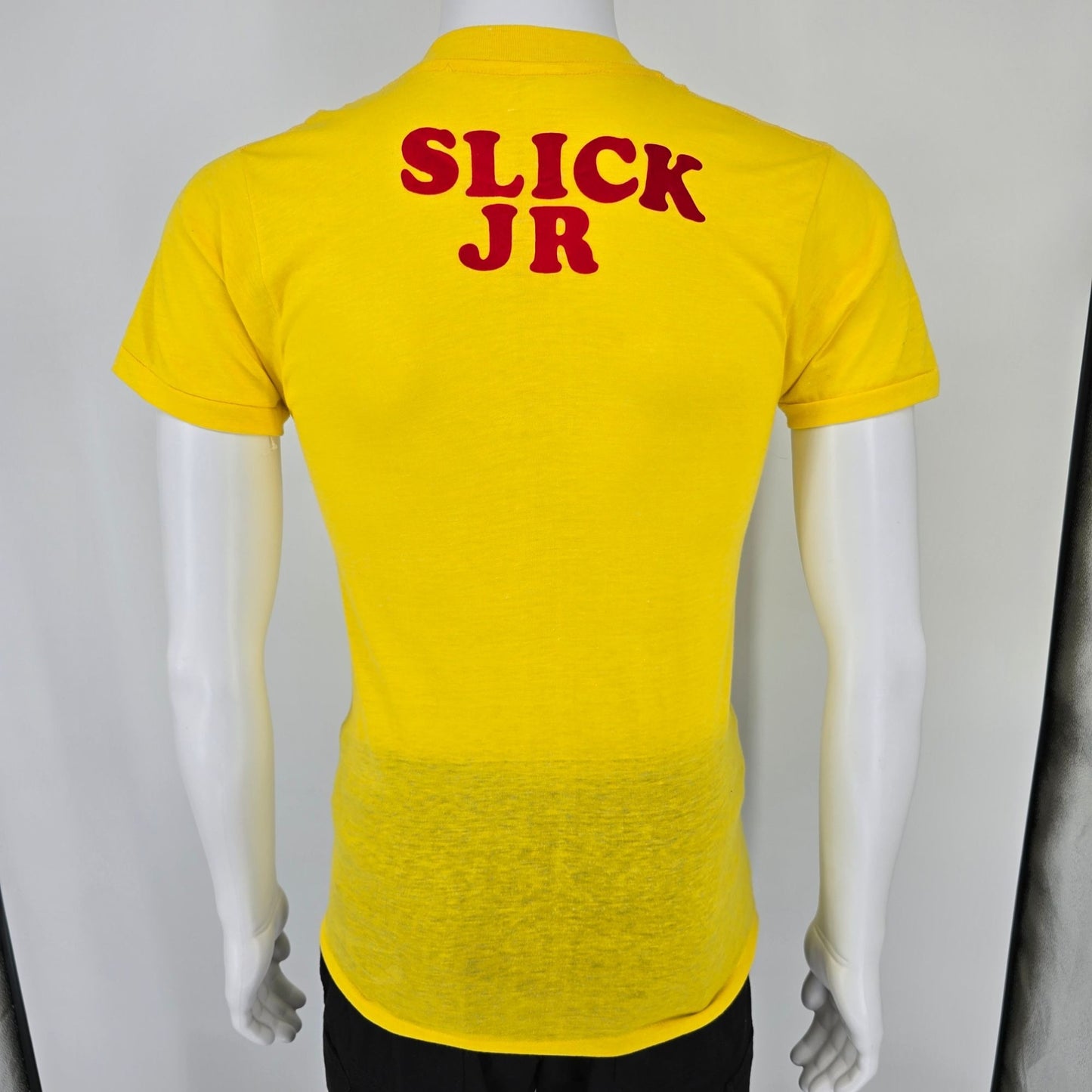 Vintage 1970s Yellow Superman Logo "Scale Man/Slick JR" Iron-On T-Shirt (XS)