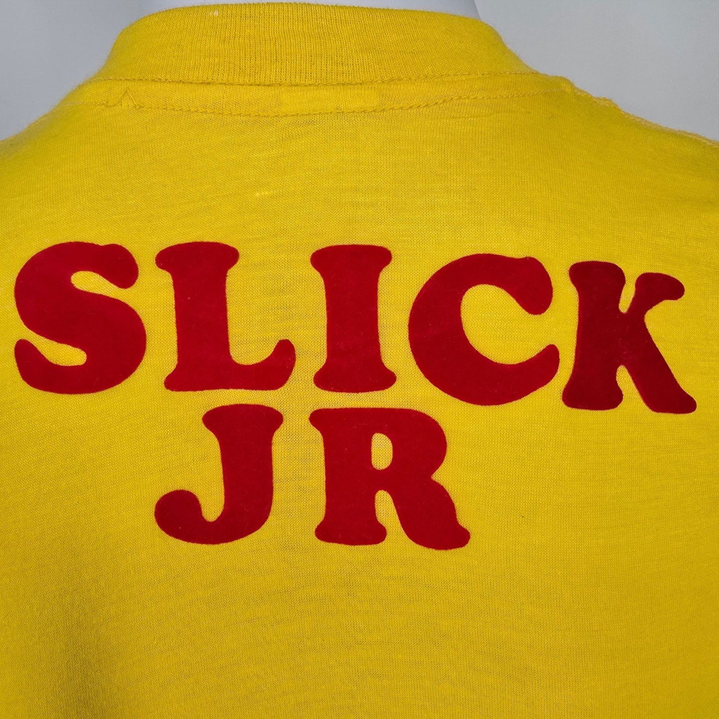 Vintage 1970s Yellow Superman Logo "Scale Man/Slick JR" Iron-On T-Shirt (XS)
