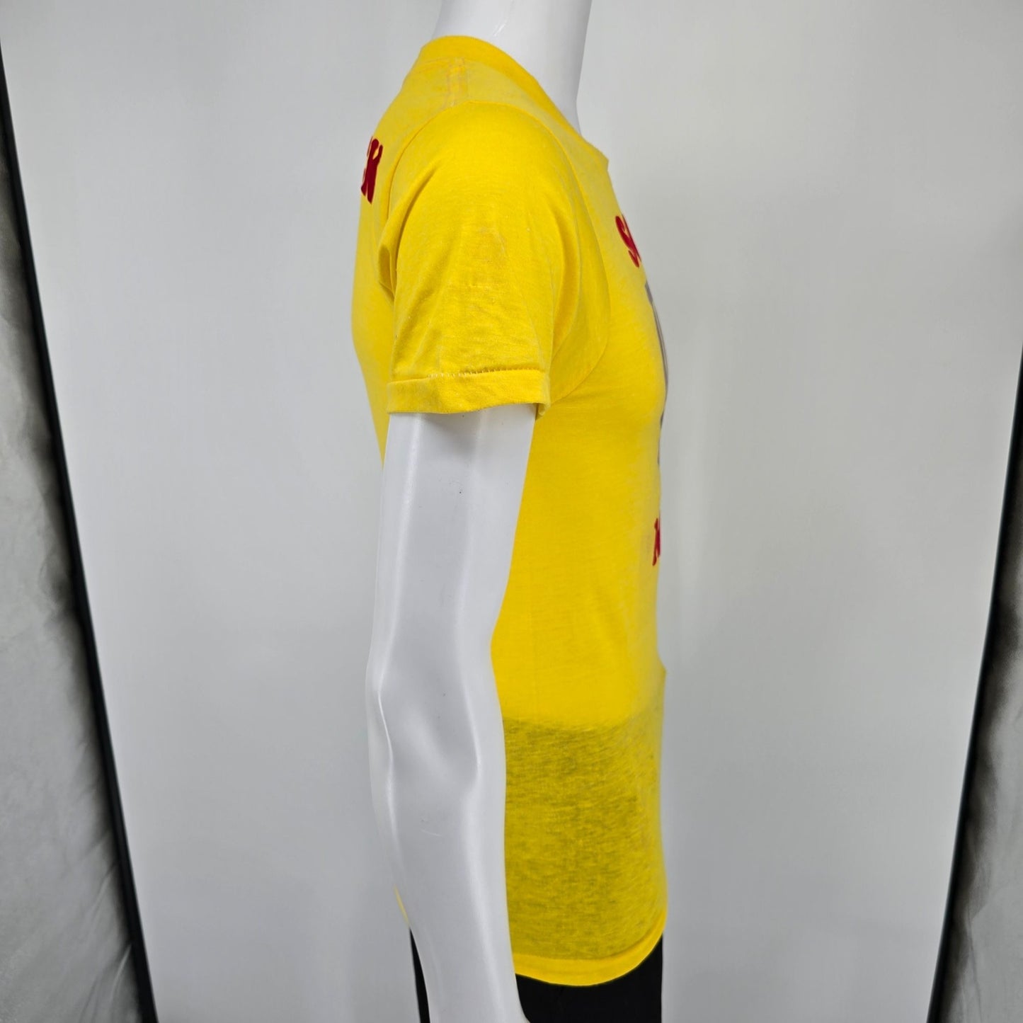 Vintage 1970s Yellow Superman Logo "Scale Man/Slick JR" Iron-On T-Shirt (XS)