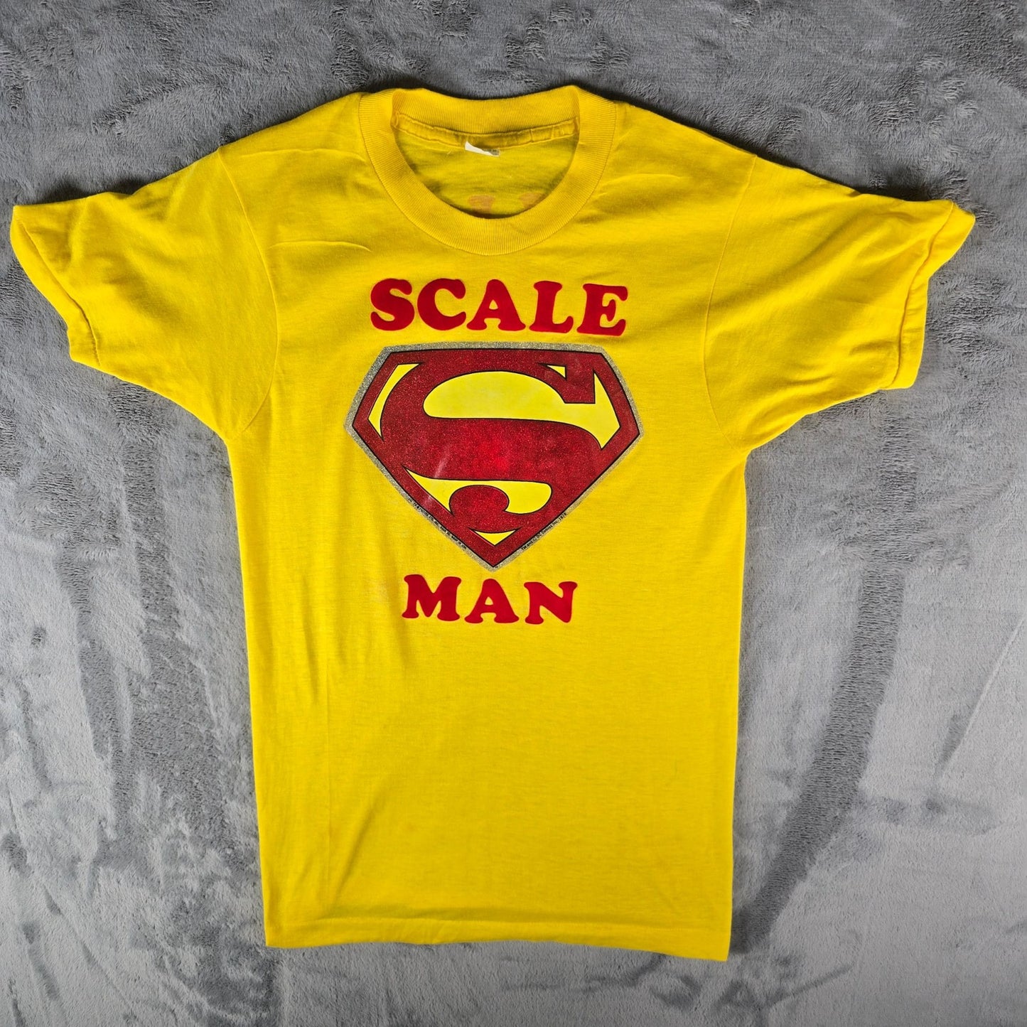 Vintage 1970s Yellow Superman Logo "Scale Man/Slick JR" Iron-On T-Shirt (XS)