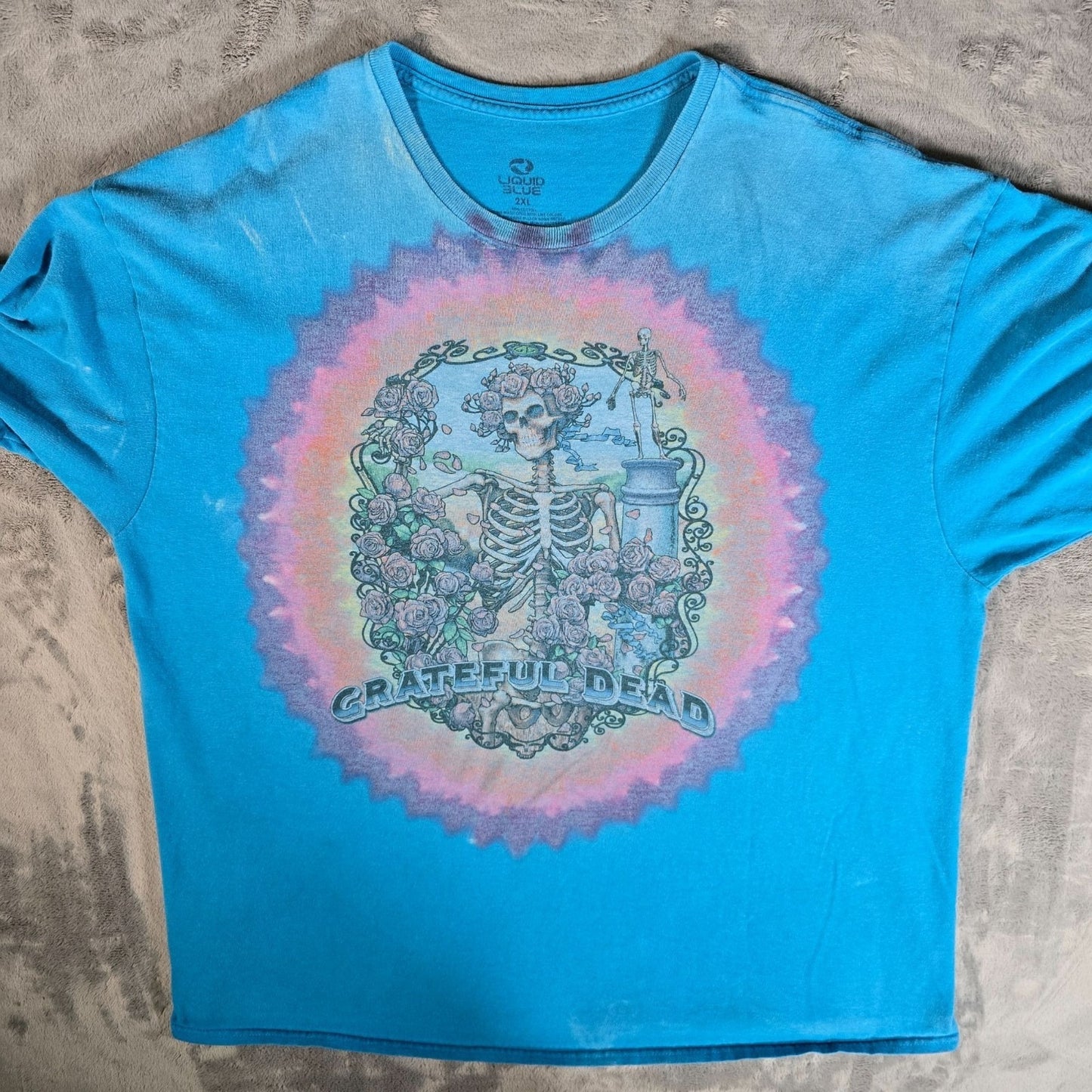 2010s Liquid Blue Grateful Dead Skeleton & Roses Faded Graphic T-Shirt (2XL)