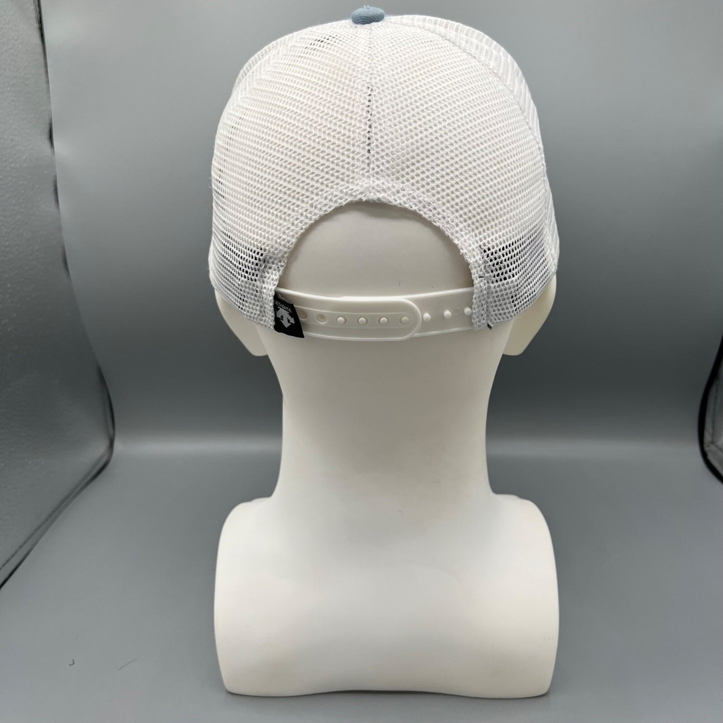 Descente Skiing Mesh Back Six Panel Blue and White Embroidered Logo Trucker Hat