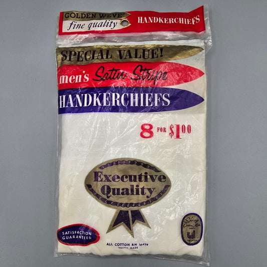 Vintage 1960s Deadstock NOS Golden Weve Men's Satin Stripe Handkerchiefs 8-Pack