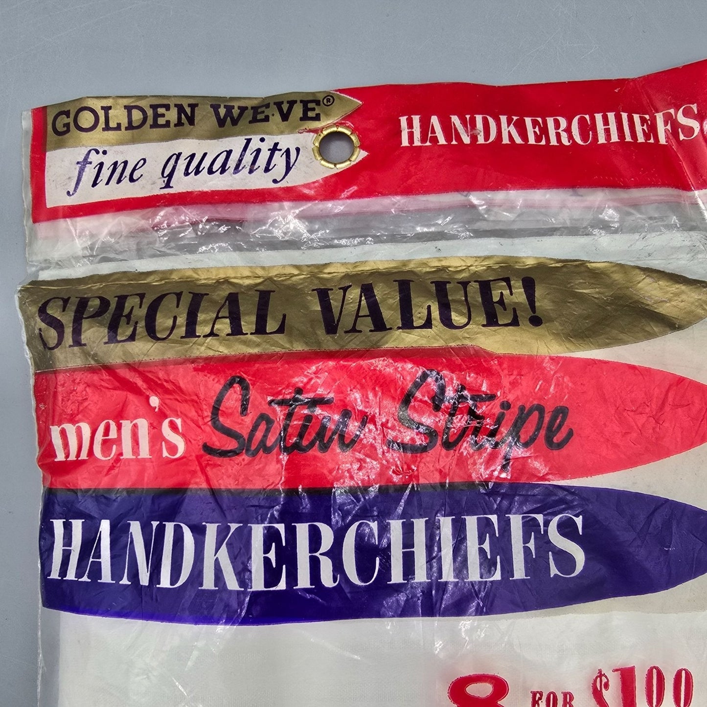 Vintage 1960s Deadstock NOS Golden Weve Men's Satin Stripe Handkerchiefs 8-Pack