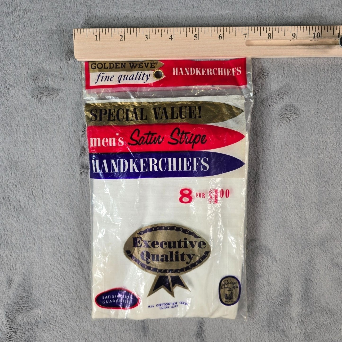 Vintage 1960s Deadstock NOS Golden Weve Men's Satin Stripe Handkerchiefs 8-Pack