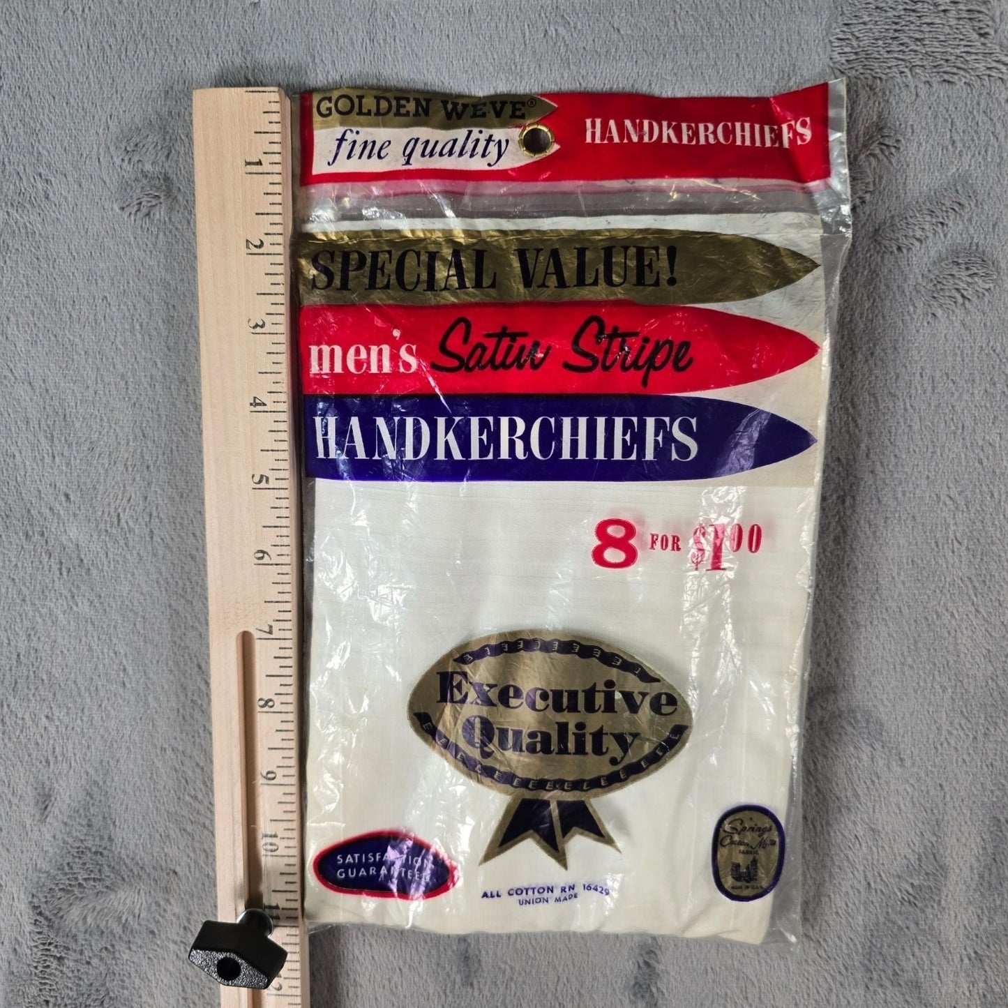 Vintage 1960s Deadstock NOS Golden Weve Men's Satin Stripe Handkerchiefs 8-Pack