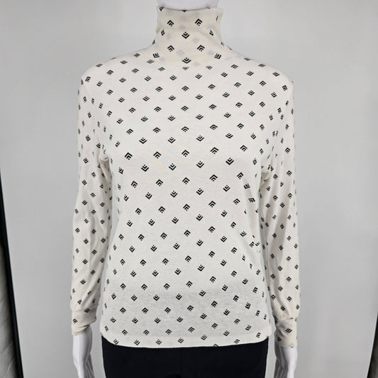 Vintage 1990s Justin Allen Ivory/Black Geometric Print Turtleneck Top (M) *Flaws