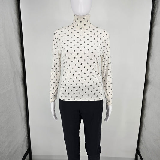 Vintage 1990s Justin Allen Ivory/Black Geometric Print Turtleneck Top (M) *Flaws