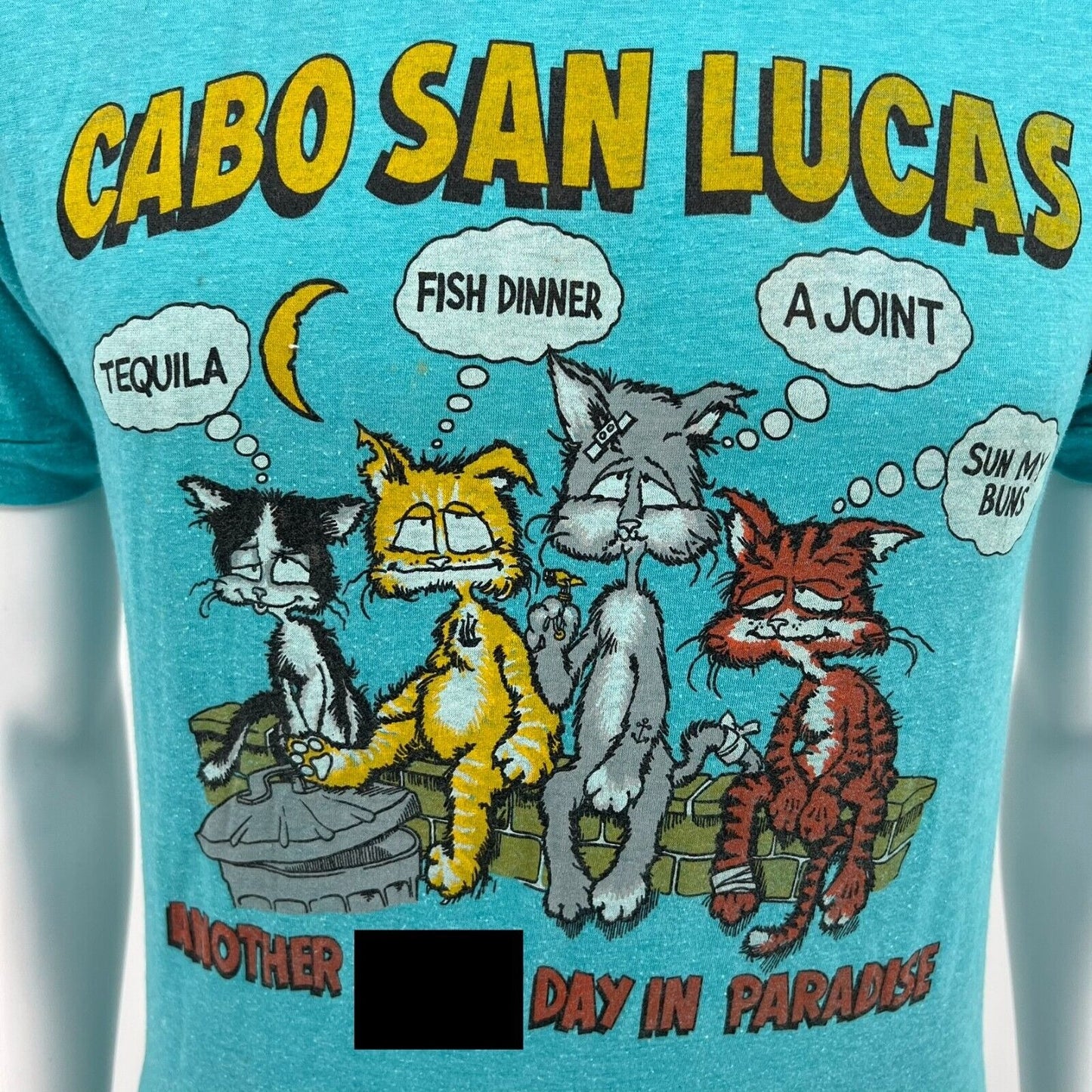 Vintage Single-Stitch Blue 1980s Cabo San Lucas Novelty Cat T-Shirt (Small)