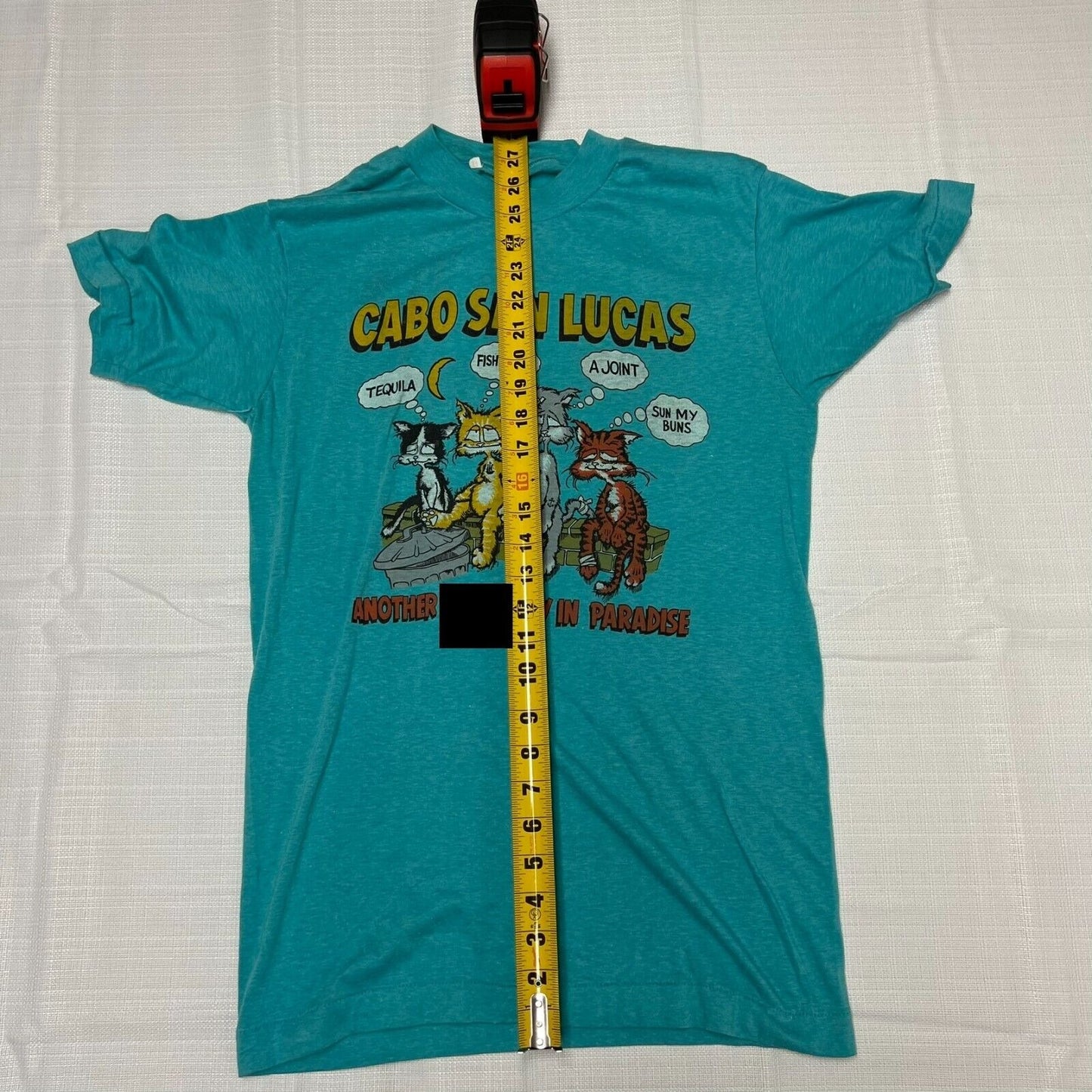 Vintage Single-Stitch Blue 1980s Cabo San Lucas Novelty Cat T-Shirt (Small)