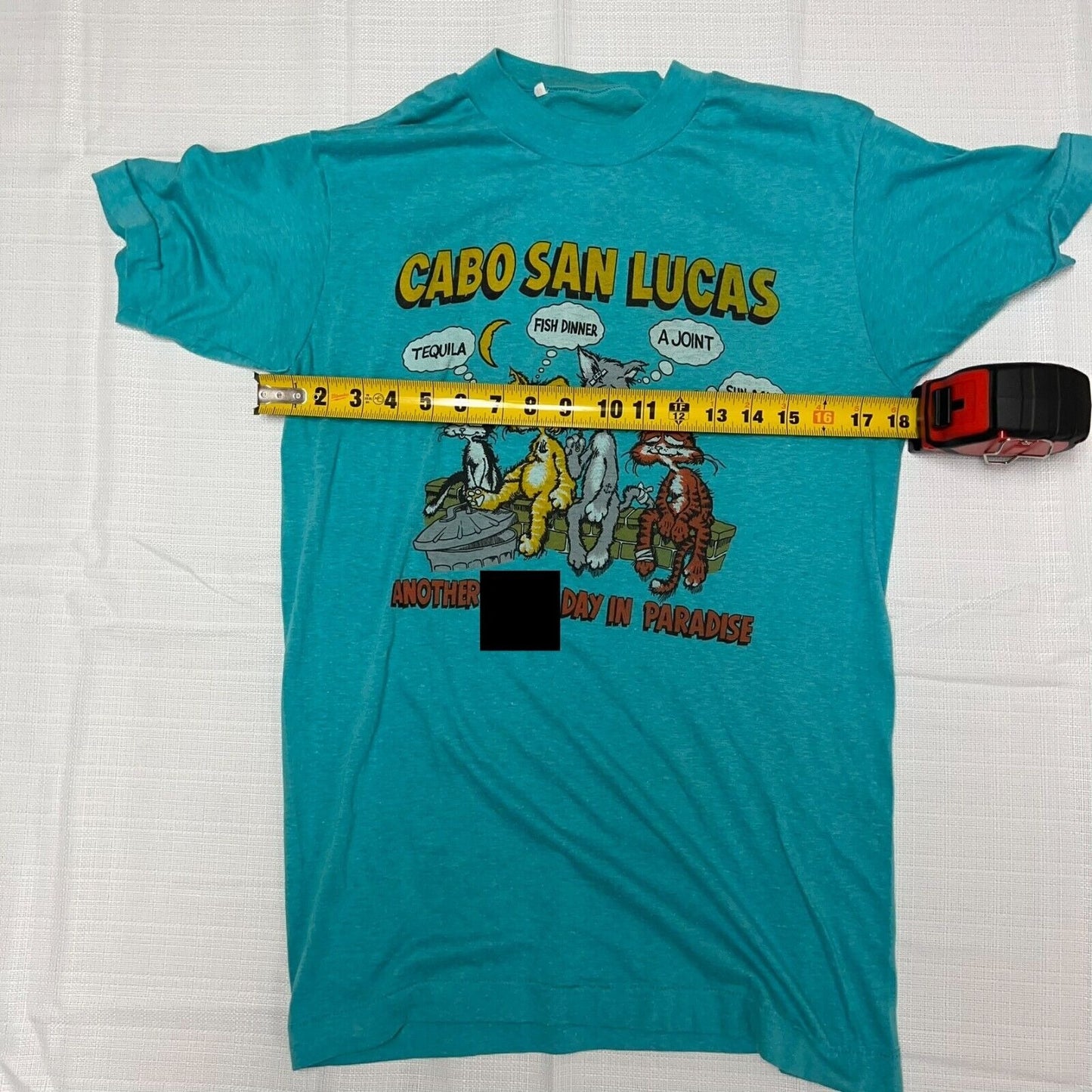 Vintage Single-Stitch Blue 1980s Cabo San Lucas Novelty Cat T-Shirt (Small)