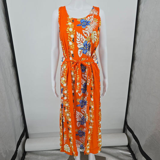 Vintage 1990s Hawaiian by Basix Orange Tropical Floral Resort Tank Dress (S)