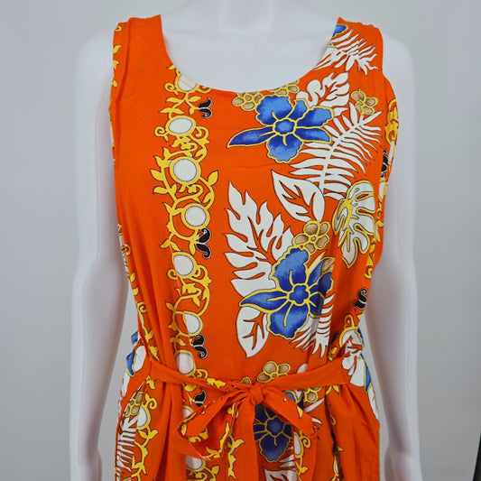 Vintage 1990s Hawaiian by Basix Orange Tropical Floral Resort Tank Dress (S)