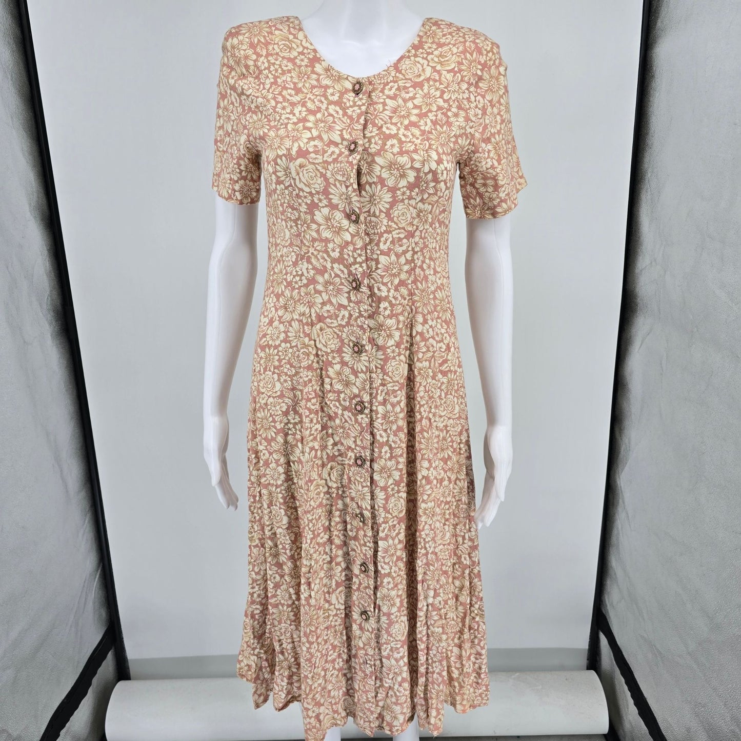 Vintage 1990s Rampage Pink Floral Rayon Button-Front A-Line Midi Dress (S)