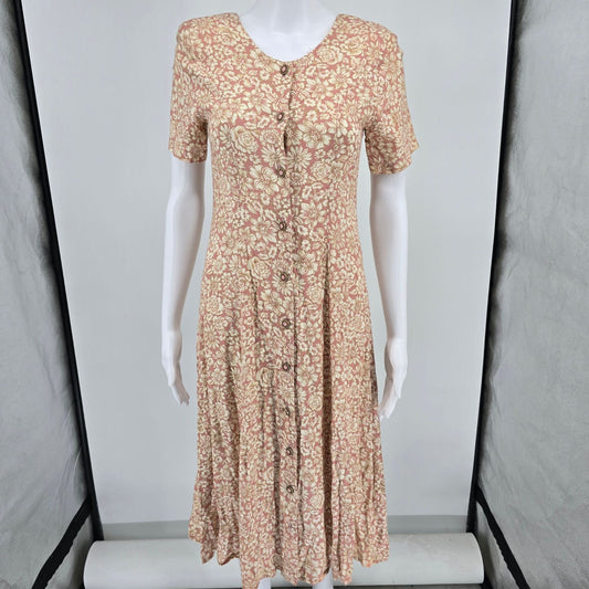 Vintage 1990s Rampage Pink Floral Rayon Button-Front A-Line Midi Dress (S)
