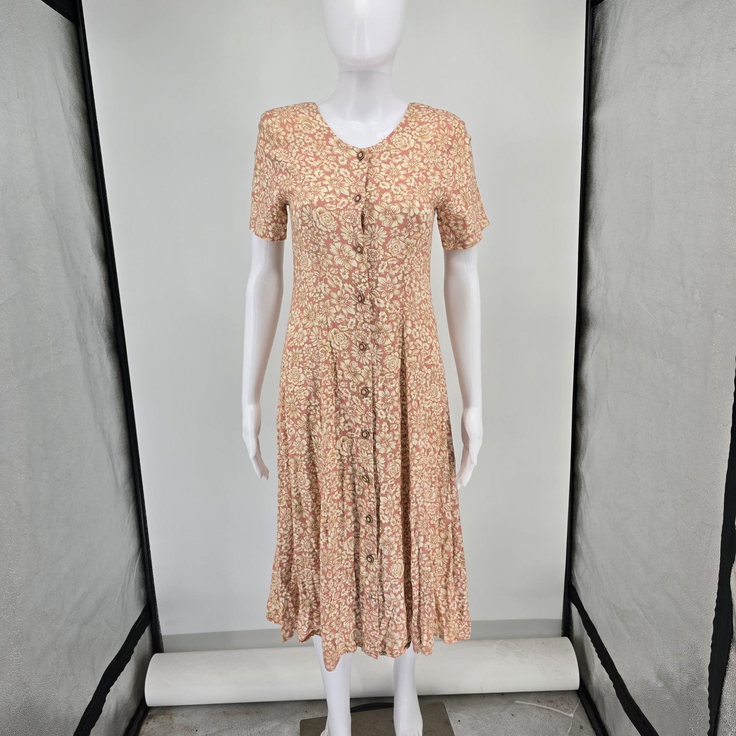 Vintage 1990s Rampage Pink Floral Rayon Button-Front A-Line Midi Dress (S)