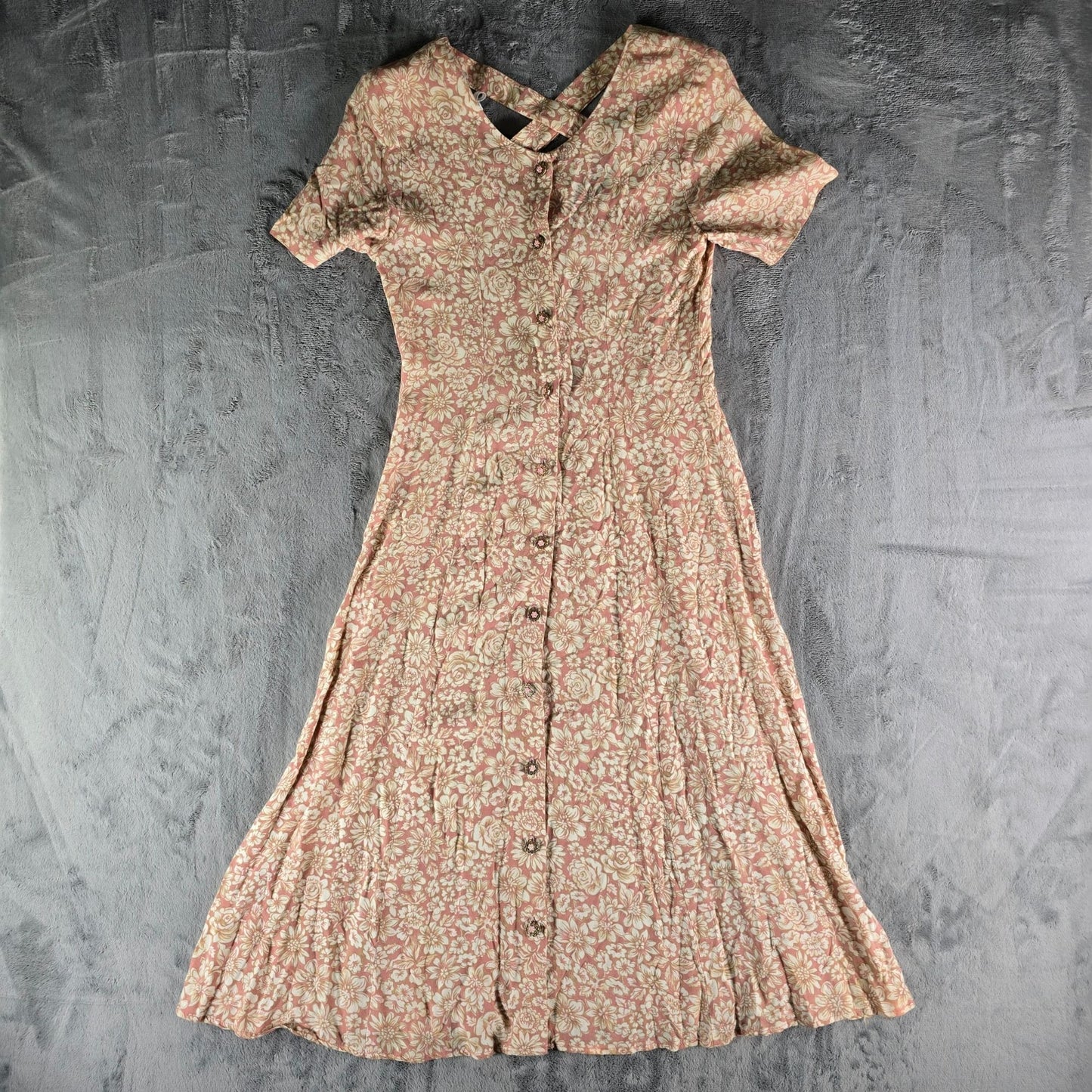 Vintage 1990s Rampage Pink Floral Rayon Button-Front A-Line Midi Dress (S)