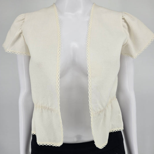 Vintage 1970s Cream/Ivory Waffle Knit Open Front Lace Trim Bolero Jacket (S)