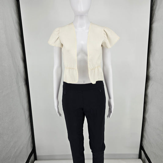 Vintage 1970s Cream/Ivory Waffle Knit Open Front Lace Trim Bolero Jacket (S)