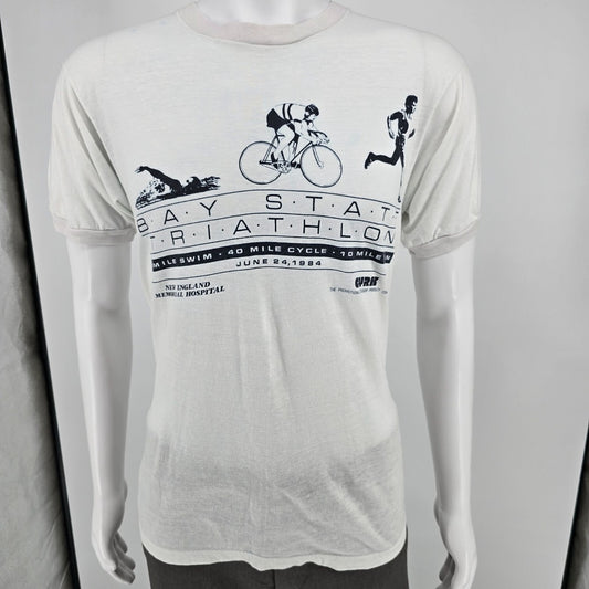 Vintage Screen Stars 1984 White Bay State Triathlon "Official CYRK" T-Shirt (M)