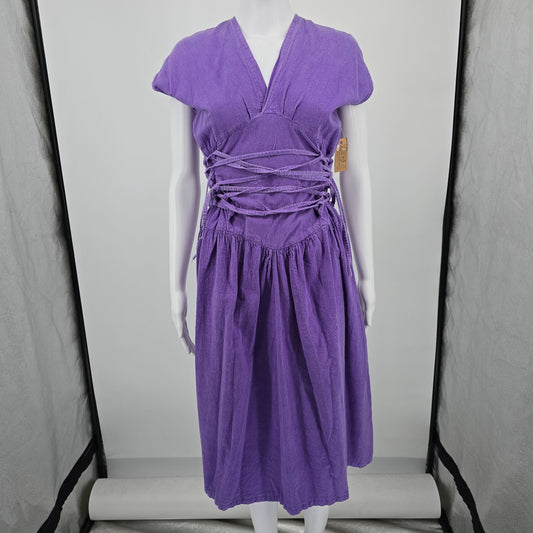 Vintage 1980s Washed Violet Purple Boho Corset Lace Basque Waist Midi Dress (M)