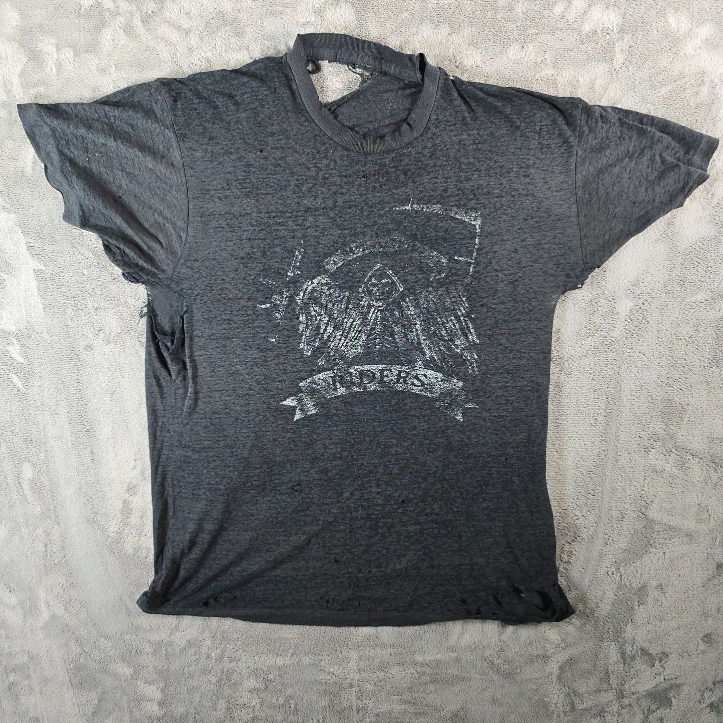 Vintage 1980s Thrashed/Destroyed Winged Grim Reaper "Riders" Biker T-Shirt (L)