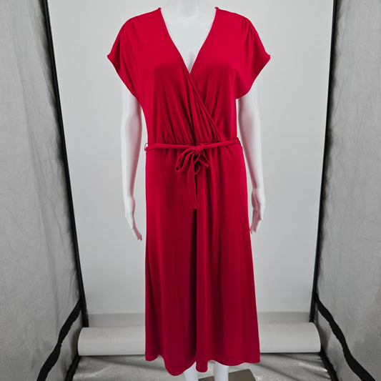 Vintage 1980s Dayne Taylor Red Surplice Faux Wrap Belted Midi Dress (12/L)