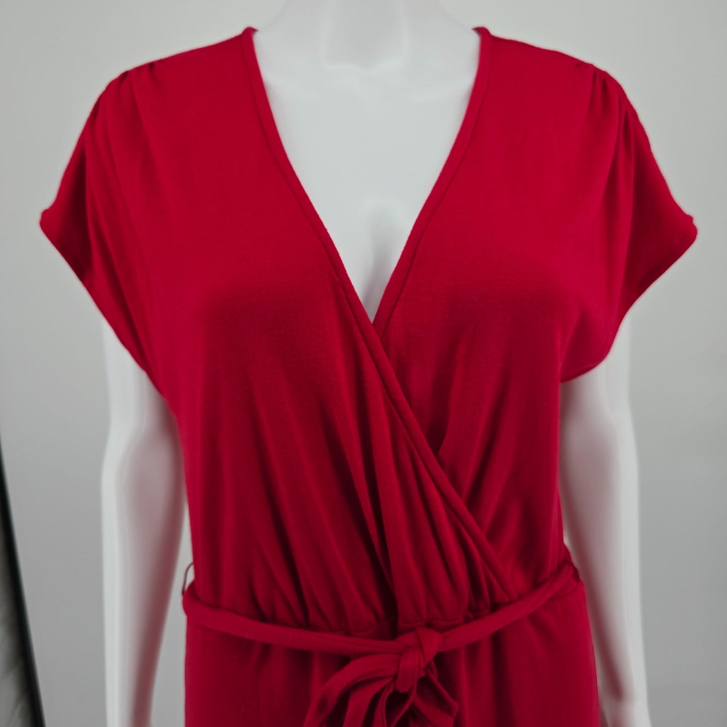 Vintage 1980s Dayne Taylor Red Surplice Faux Wrap Belted Midi Dress (12/L)