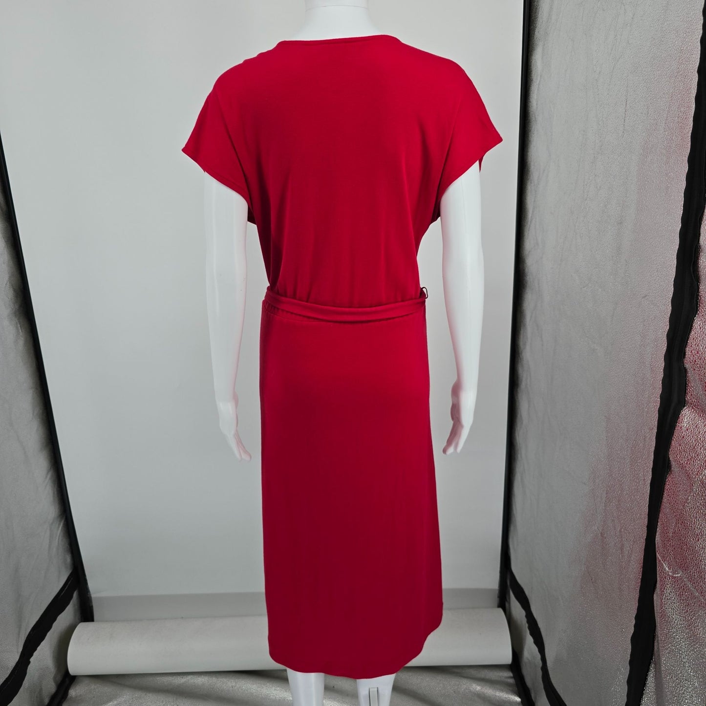 Vintage 1980s Dayne Taylor Red Surplice Faux Wrap Belted Midi Dress (12/L)