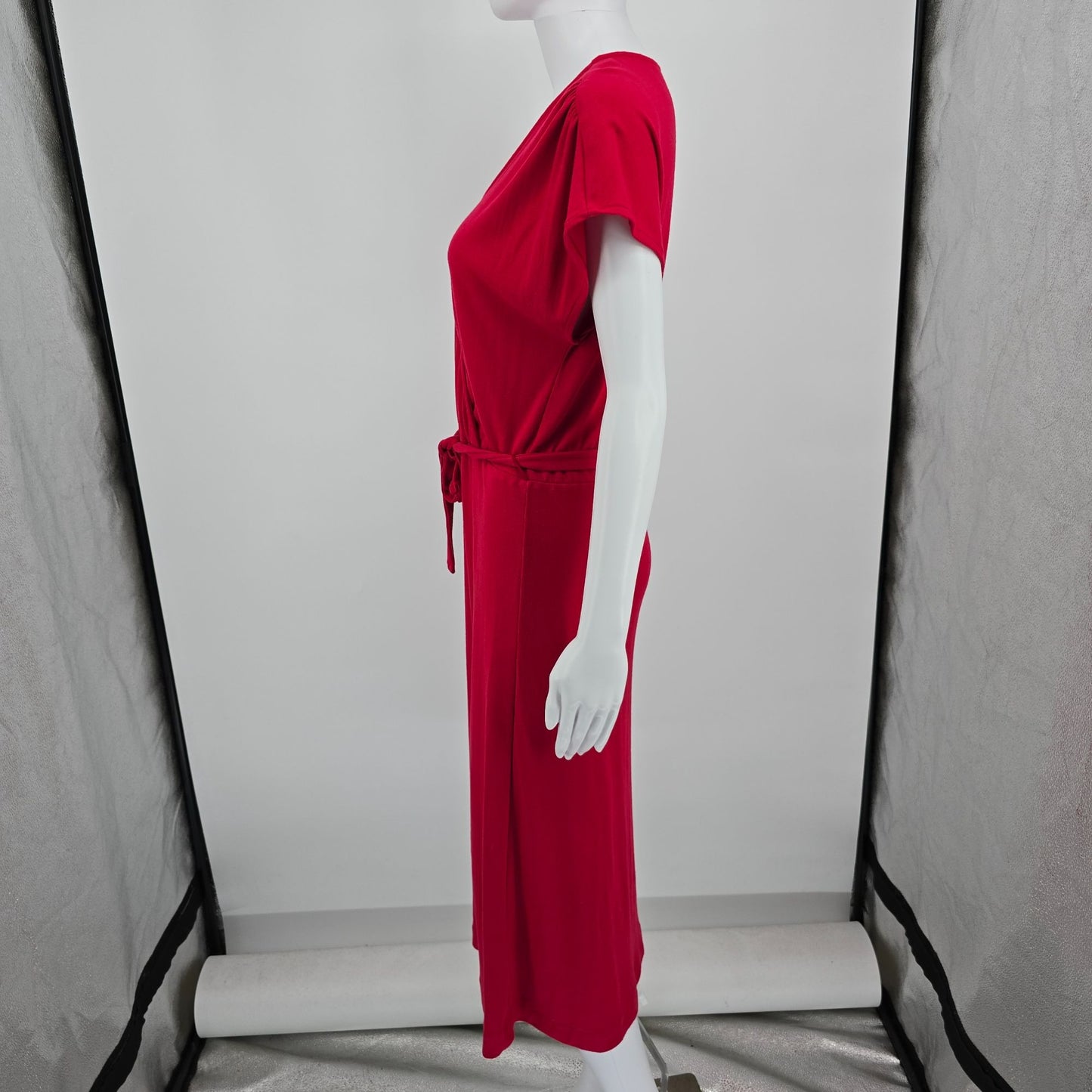 Vintage 1980s Dayne Taylor Red Surplice Faux Wrap Belted Midi Dress (12/L)