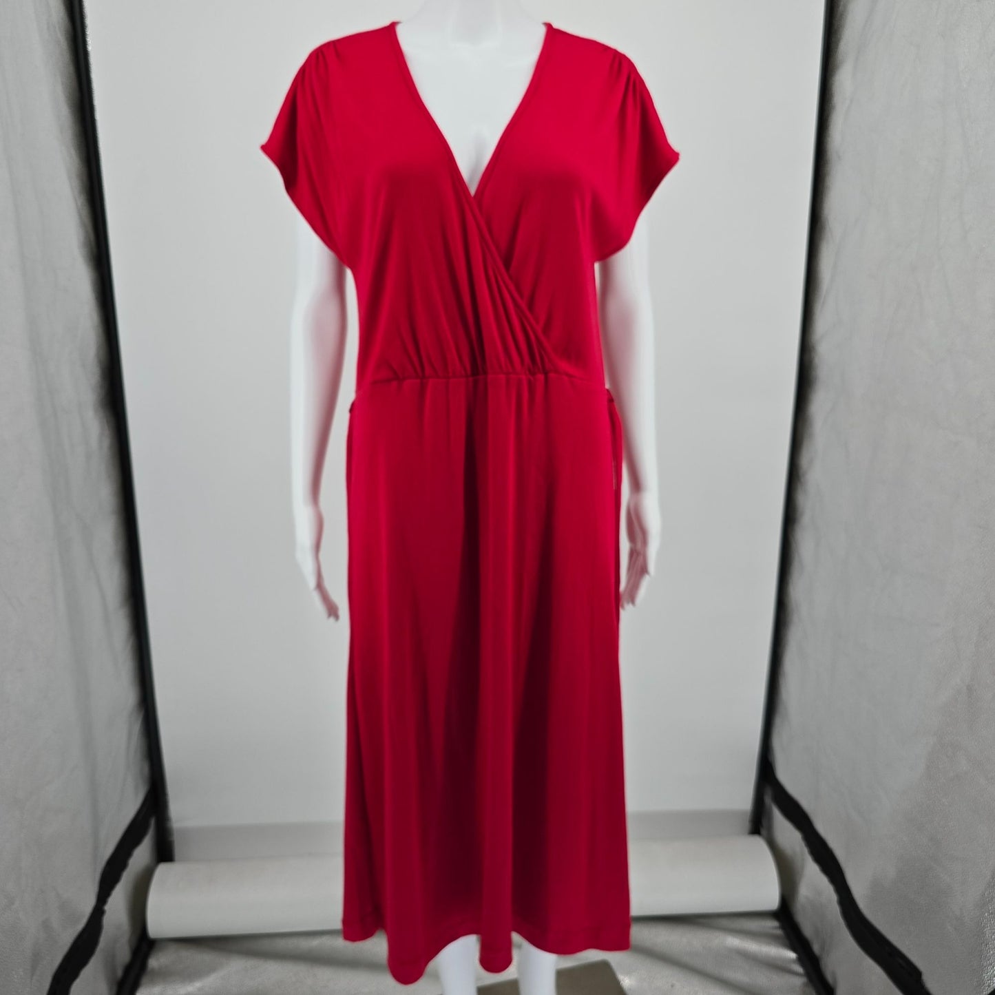 Vintage 1980s Dayne Taylor Red Surplice Faux Wrap Belted Midi Dress (12/L)