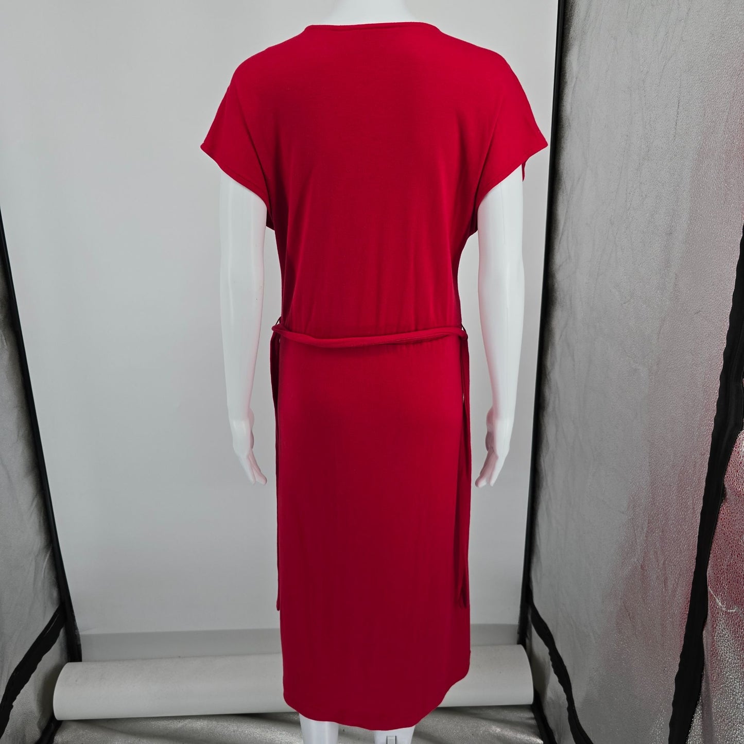 Vintage 1980s Dayne Taylor Red Surplice Faux Wrap Belted Midi Dress (12/L)