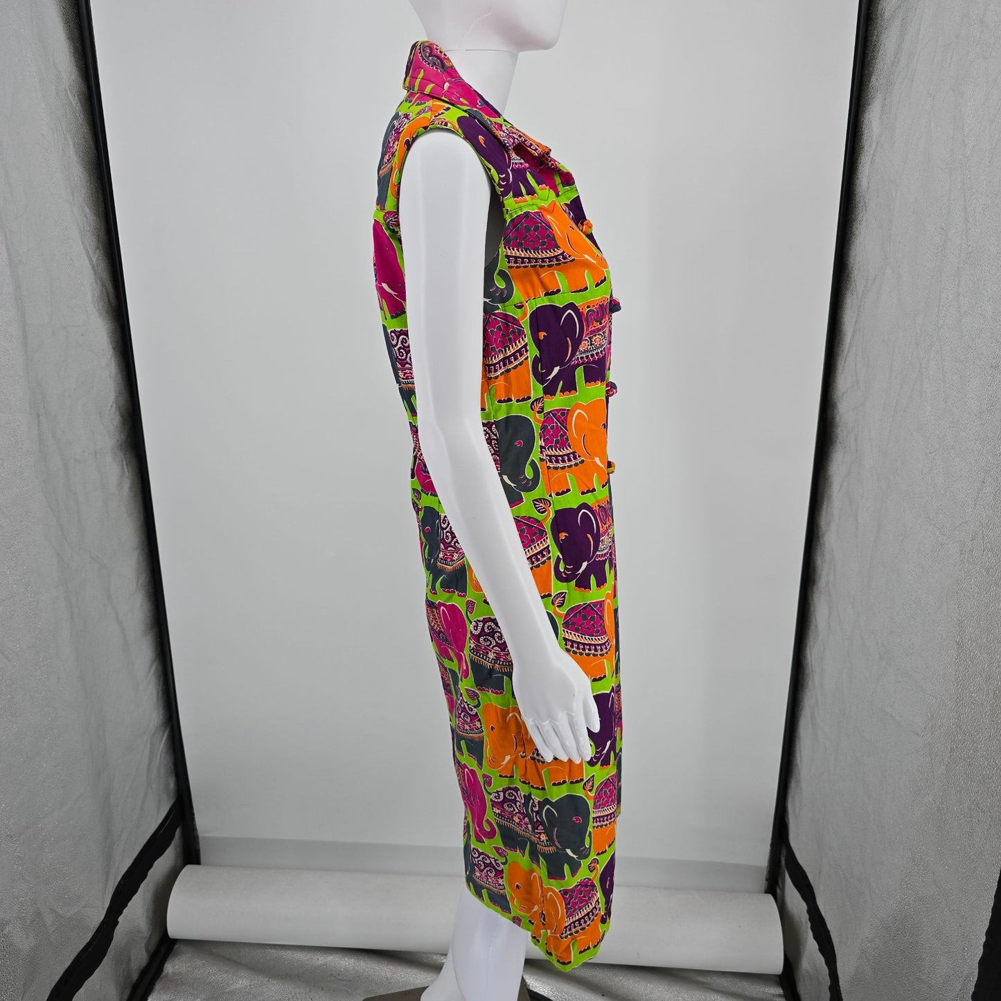Vintage 1970s Thai Hand Screened Elephant Print Sleeveless A-Line Dress (S/M)