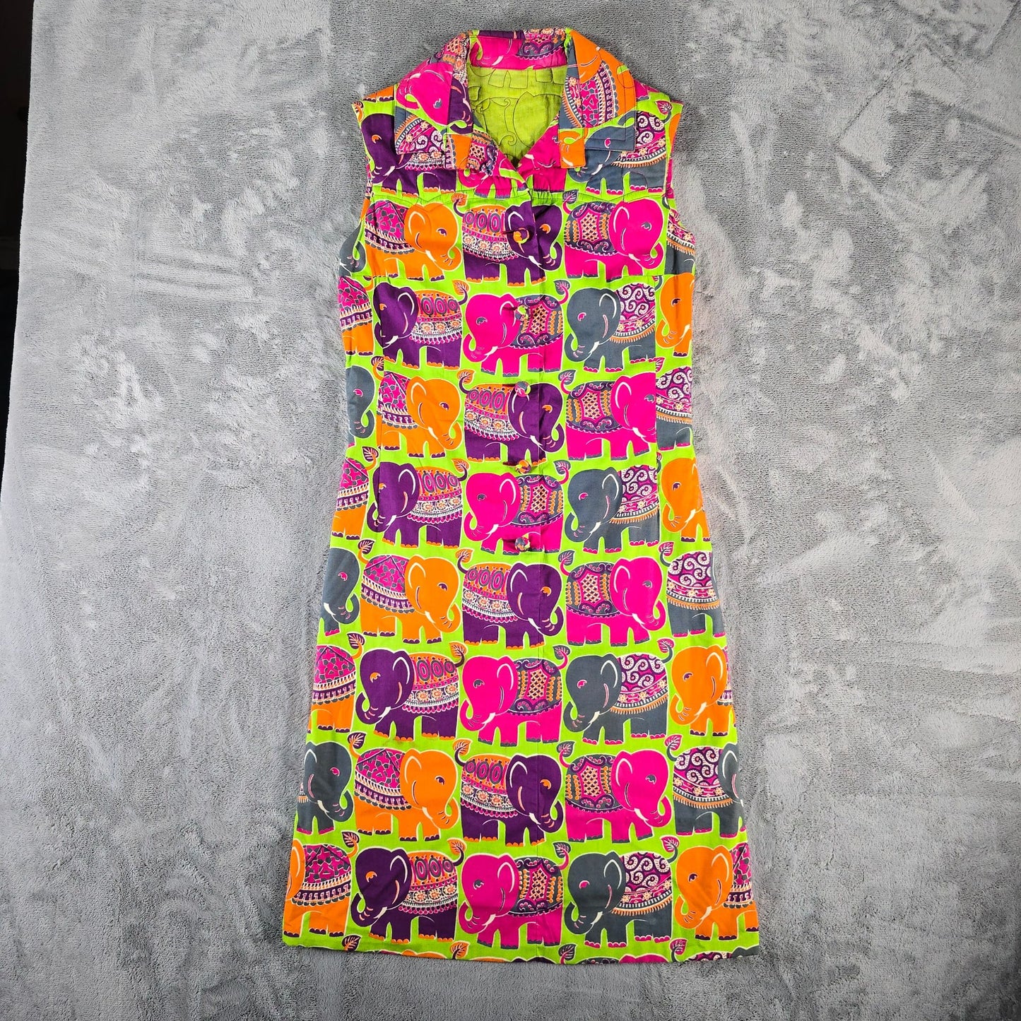 Vintage 1970s Thai Hand Screened Elephant Print Sleeveless A-Line Dress (S/M)