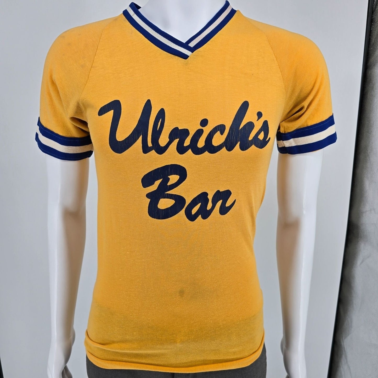 Vintage 1970's Ulrich's Bar Yellow Striped Ringer Jersey T-Shirt (XS/S)