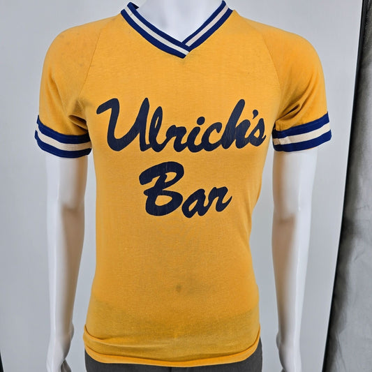 Vintage 1970's Ulrich's Bar Yellow Striped Ringer Jersey T-Shirt (XS/S)