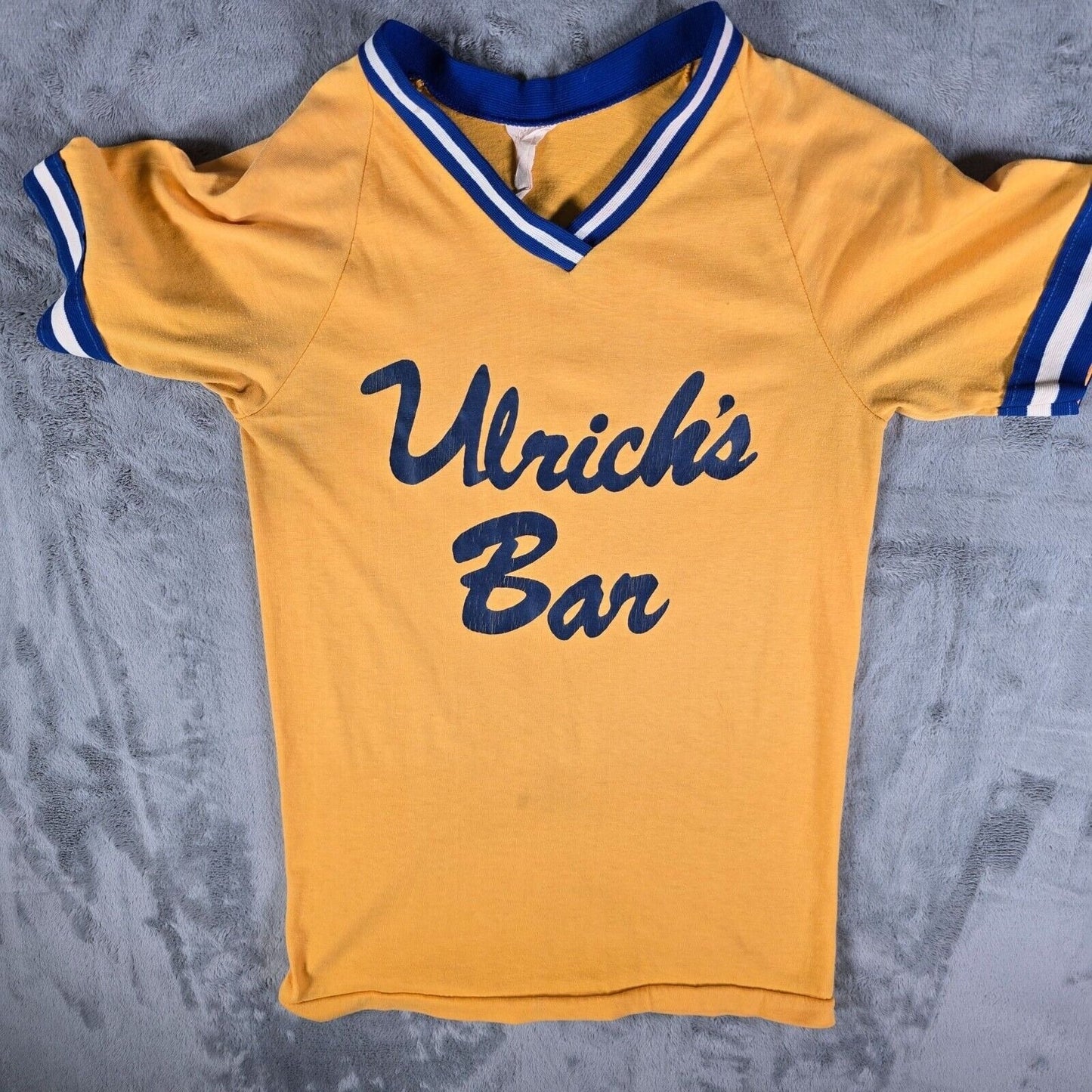 Vintage 1970's Ulrich's Bar Yellow Striped Ringer Jersey T-Shirt (XS/S)