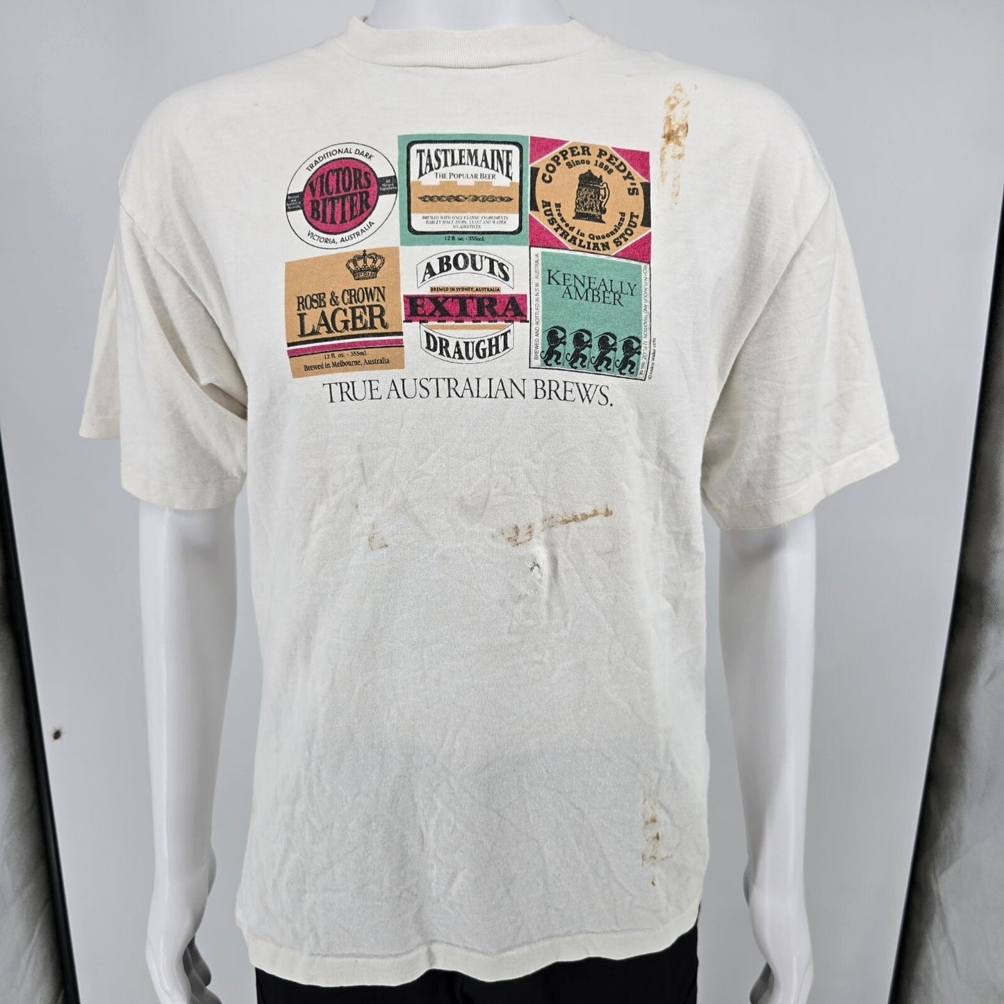 Distressed Vintage 1990s "True Australian Brews" Parody Beer Label T-Shirt (M)