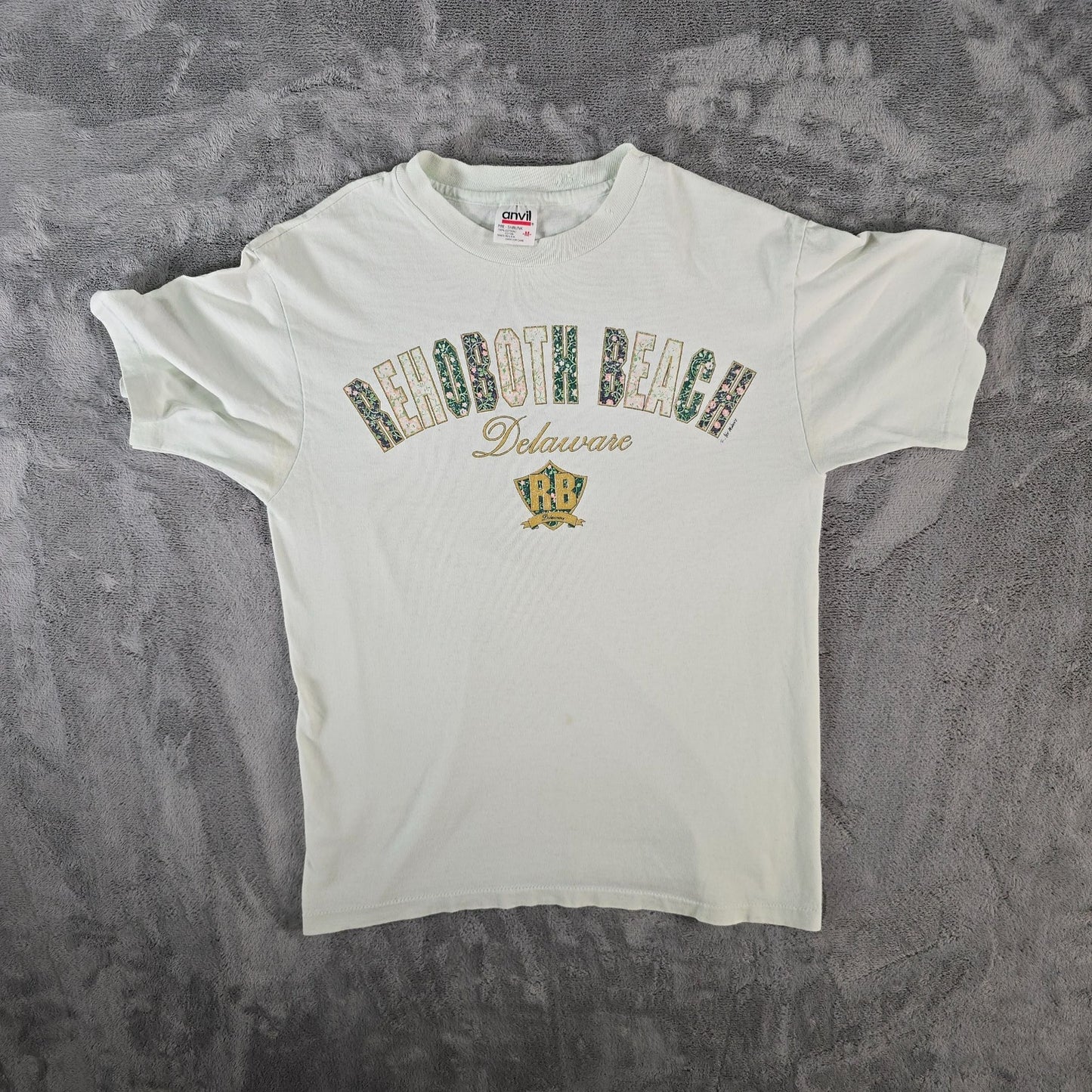 Vintage 1990s Anvil Pale Mint Floral Rehoboth Beach Delaware T-Shirt (S/M)